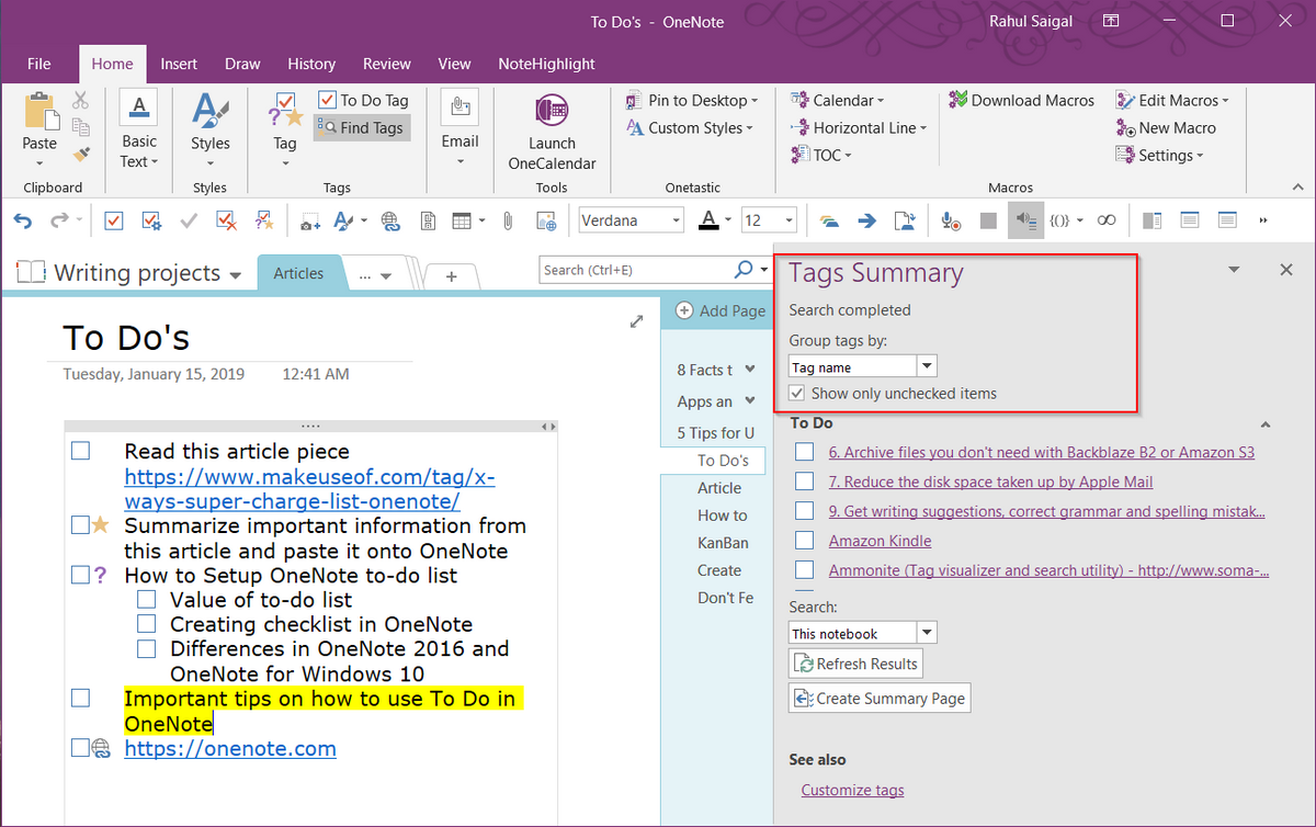 to do list in onenote windows 10