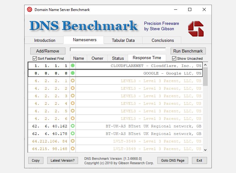 dns benchmark meaning of color bars