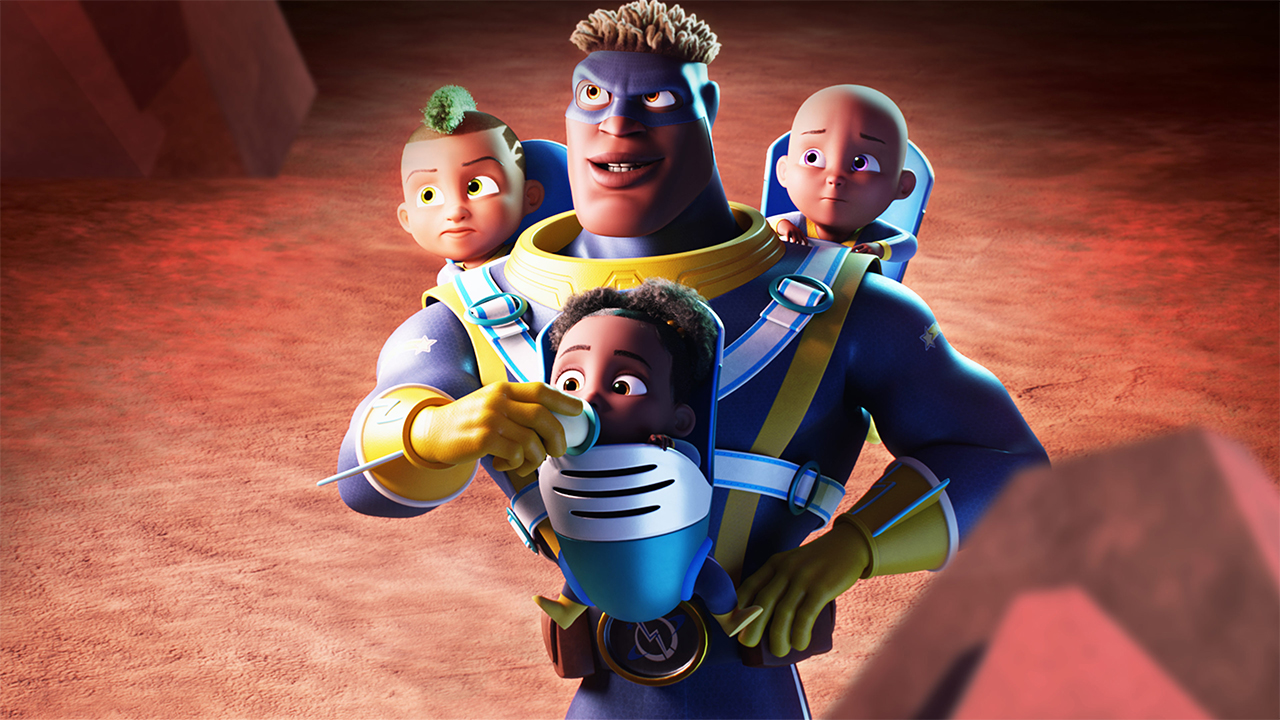 an animated super hero carrying three babies in a triple baby carrier