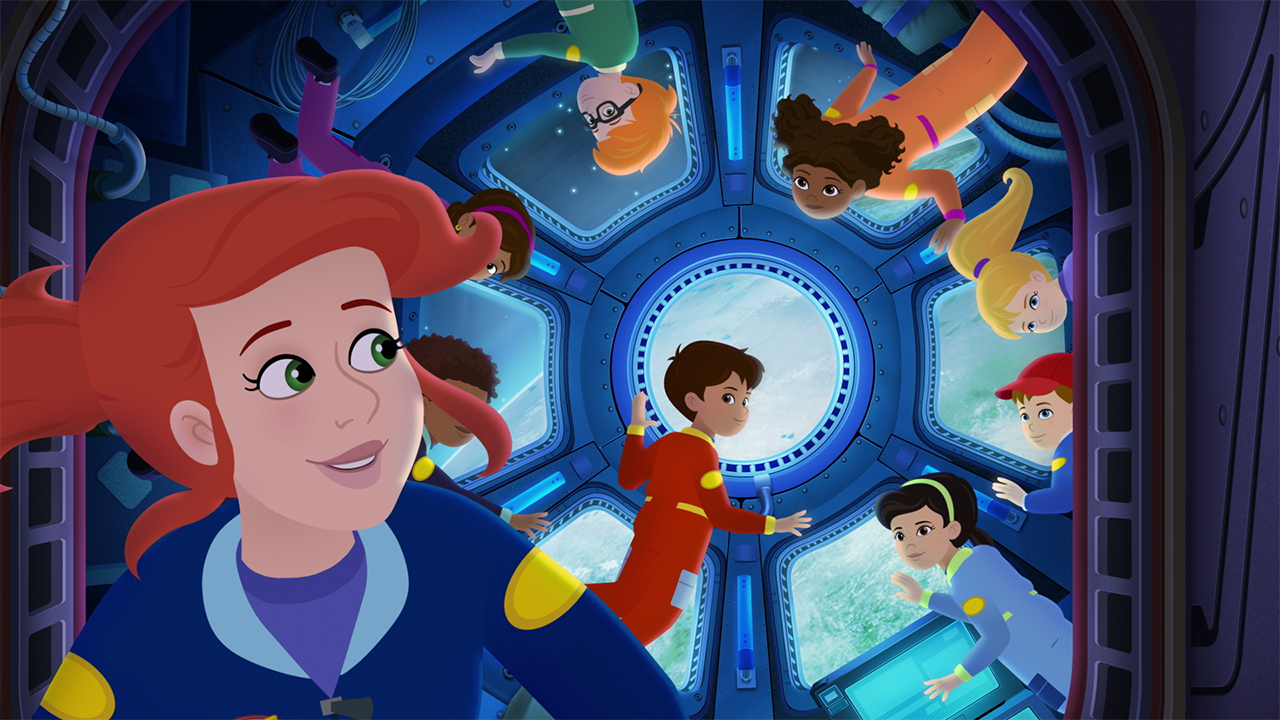 Ms. Frizzle and her students in a space station