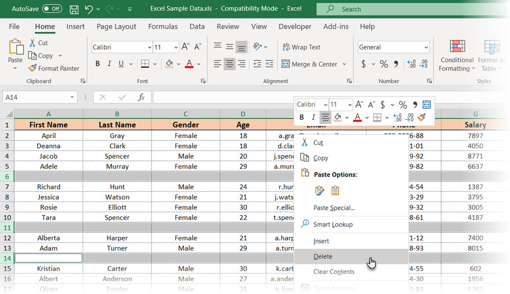 remove single blank rows manually in Excel