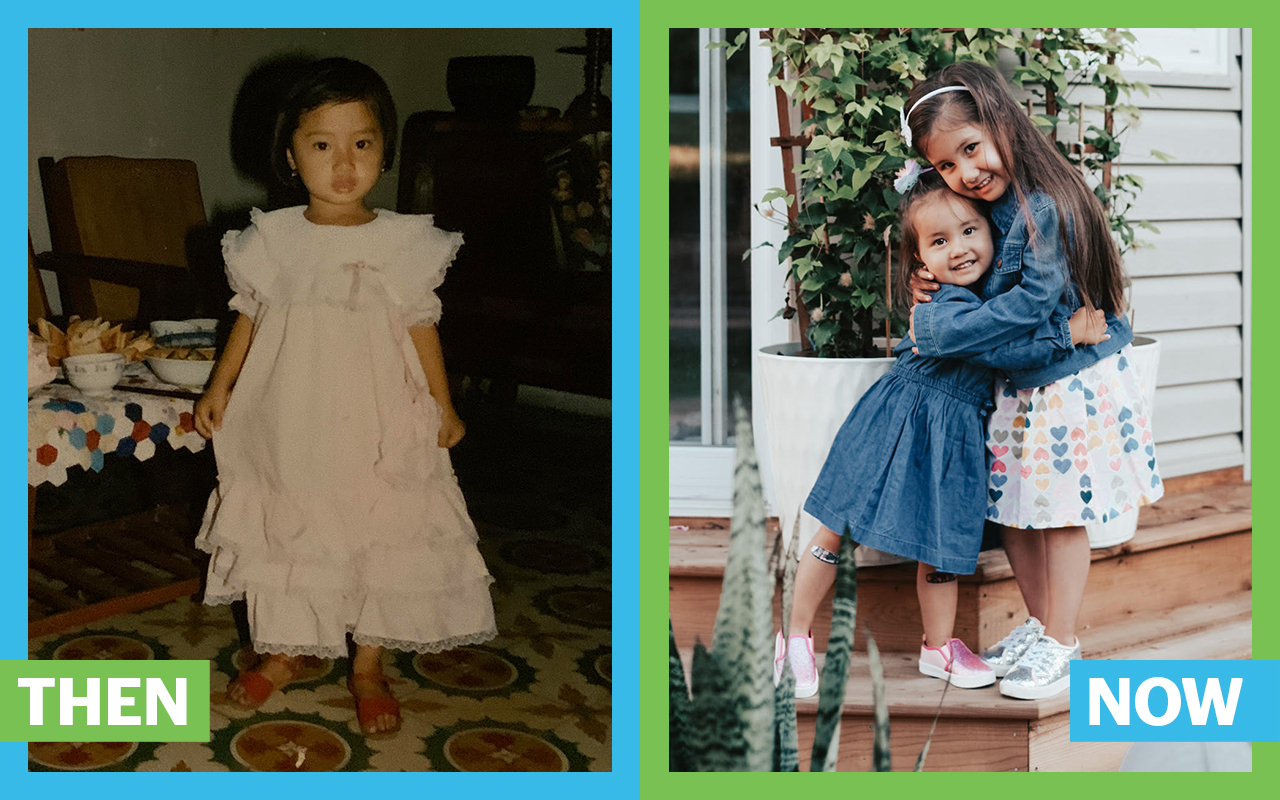 Then and now photo of Thanh in her childhood, next to her son 