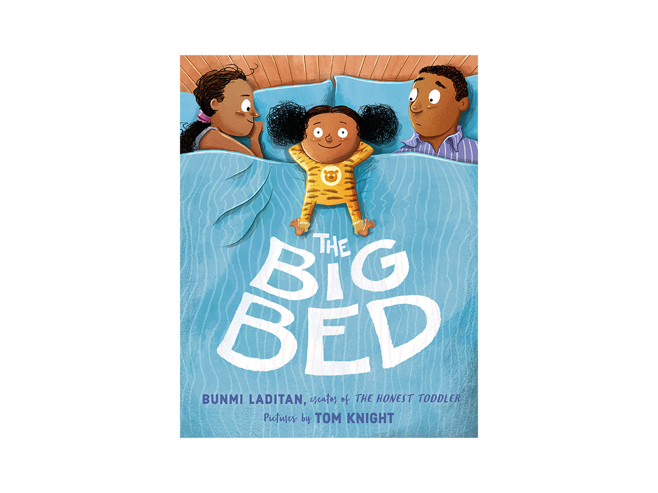 Cover art for the book, The Big Bed. Shows a little girl in striped pajamas sleeping between her parents