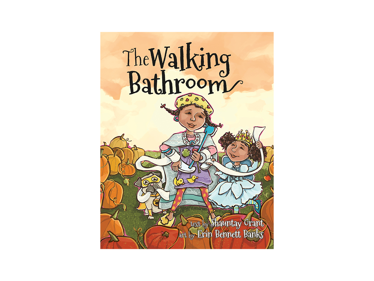 Cover art for the Walking Bathroom showing two illustrated kids dressed up in costumes walking through a pumpkin patch