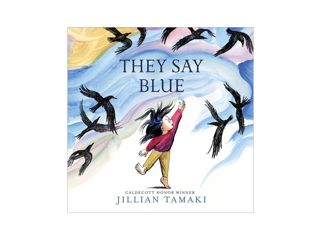 Cover art for TheySay Blue showing an illustrated girl playing in the wind with a bunch of crows