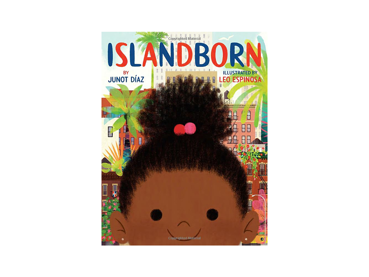 Cover art for Islandborn showing an illustrated girl's face in front of a city with lush jungle trees
