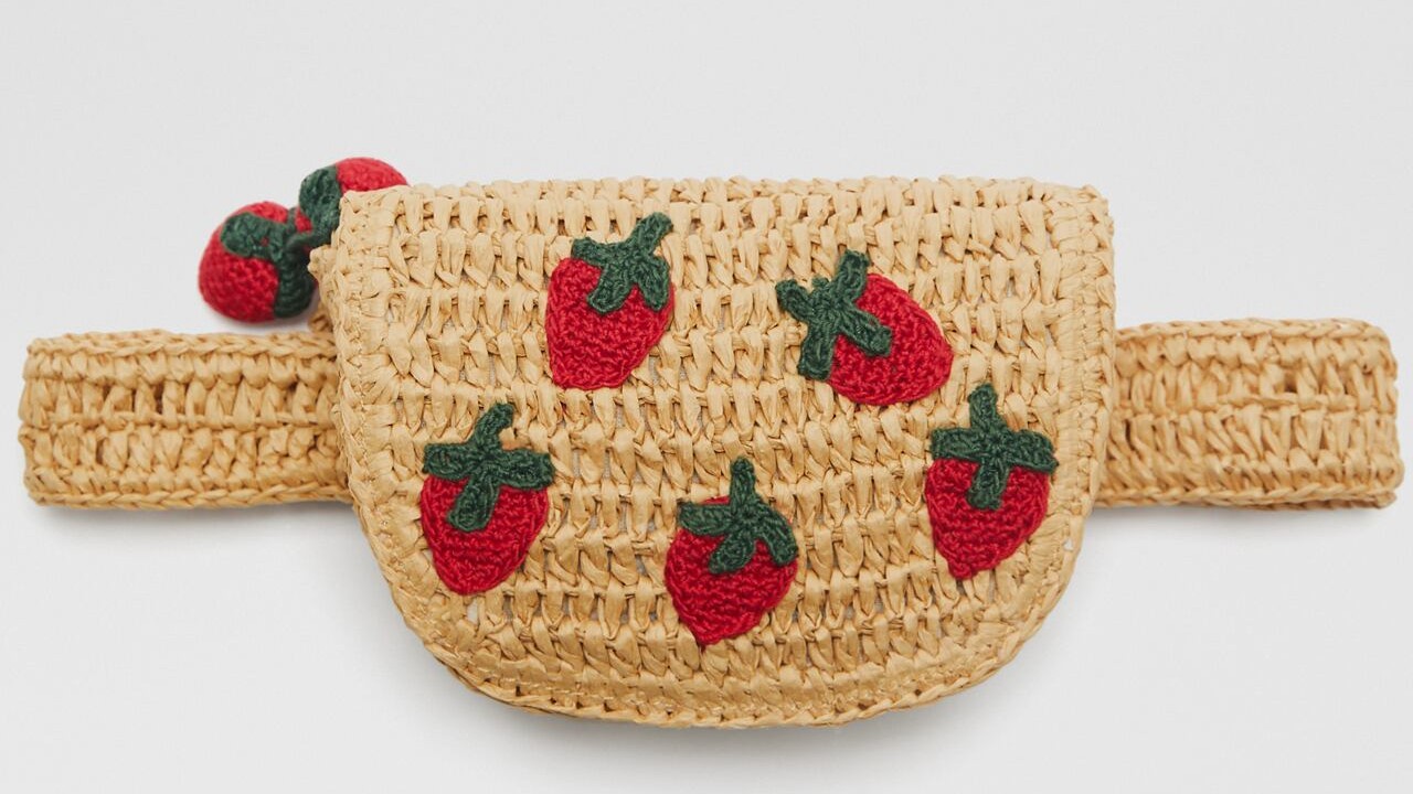 rattan kids waist pack with embroidered strawberries