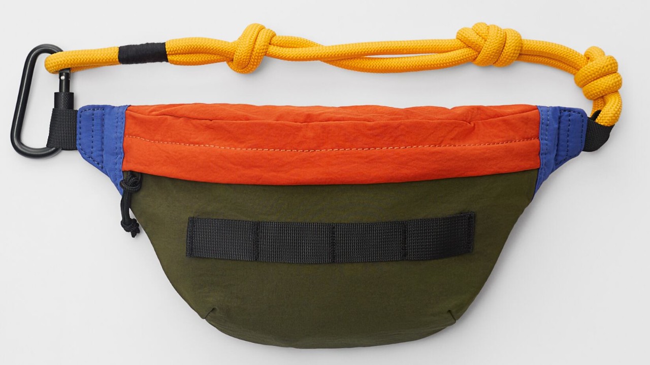 multi-coloured kids waist pack with rope fastener