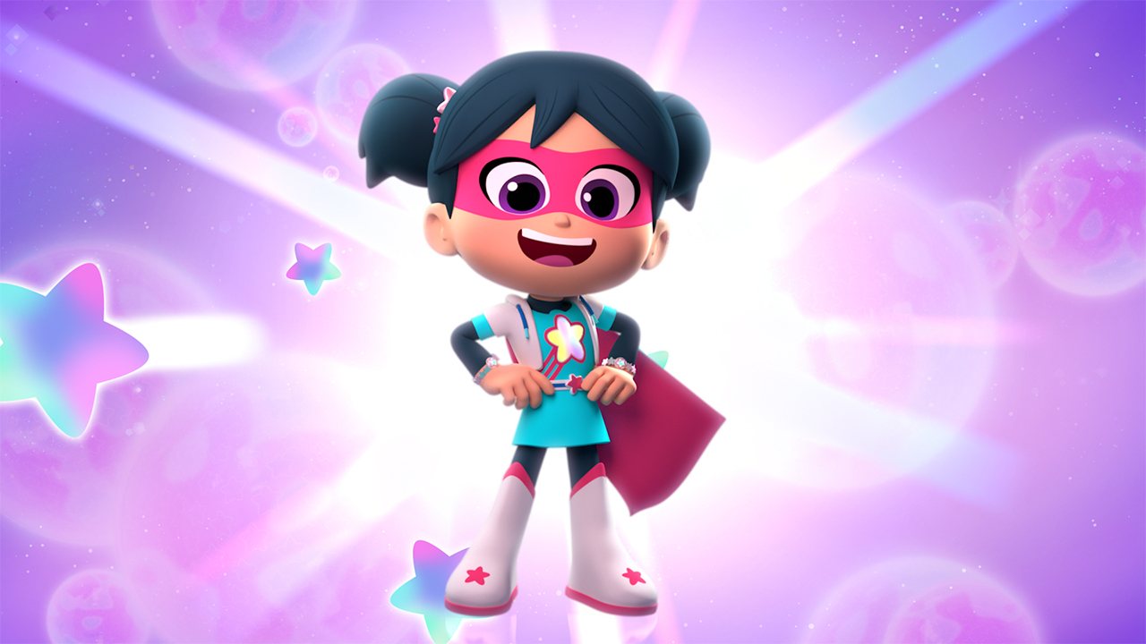 an animated girl dressed as a super hero strikes a pose