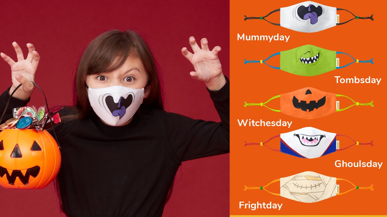 ghost, goblin, pumpkin, witch and mummy Halloween-themed face masks