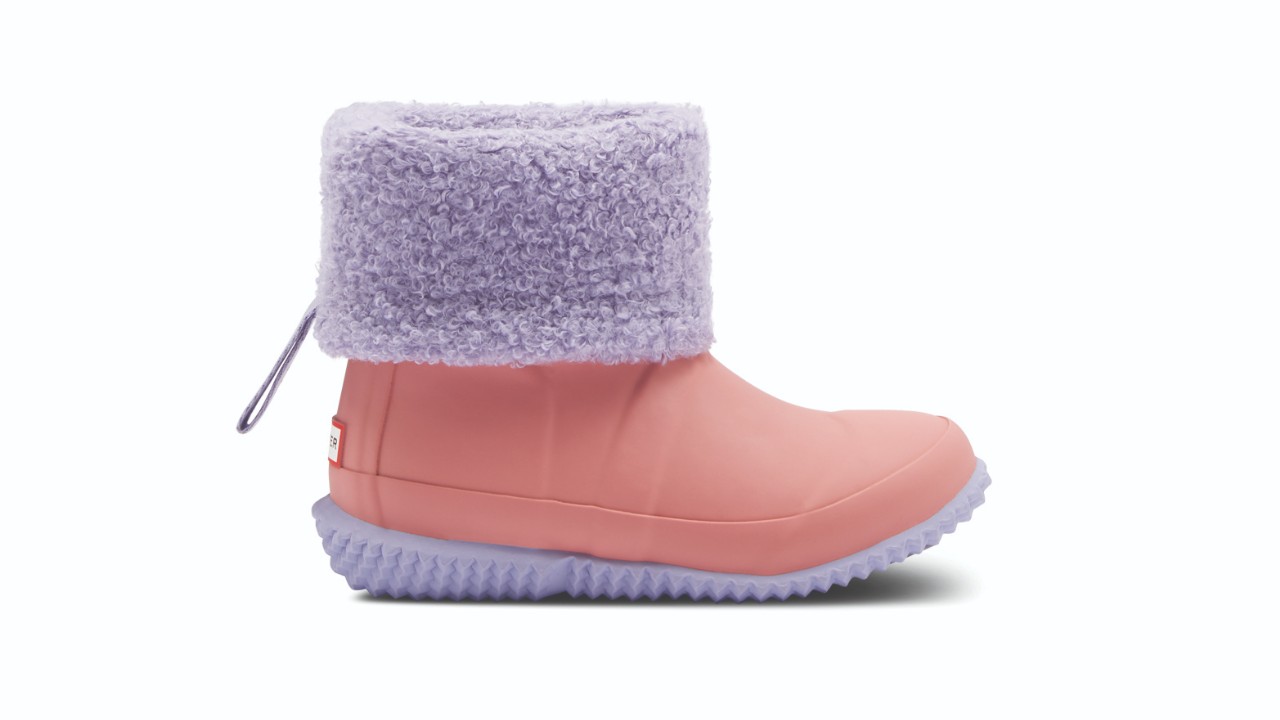 pink winter boot with purple sole and roll top