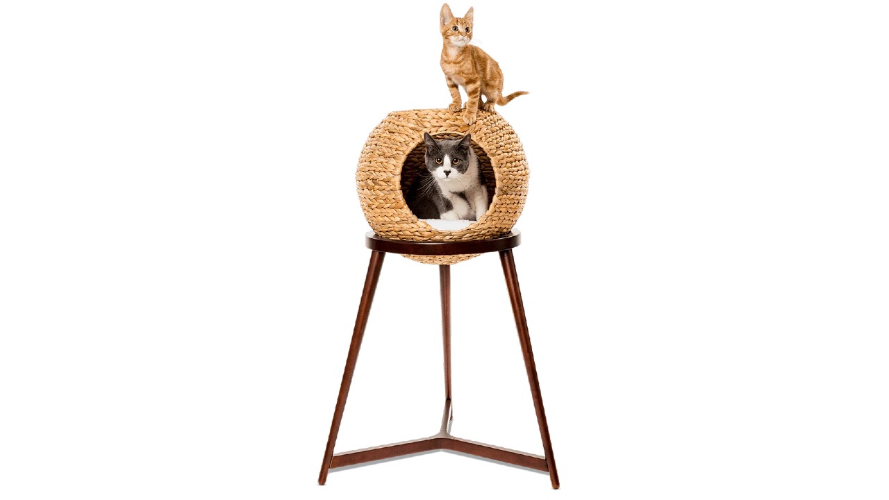two cats on wicker orb on stand