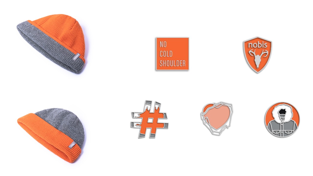 a reversible beanie and enamel pins