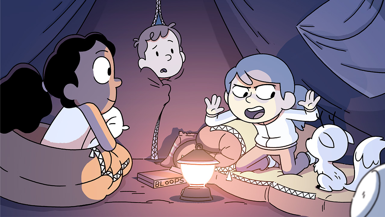 A still from Hilda showing a group of animated kids telling ghost stories in a tent