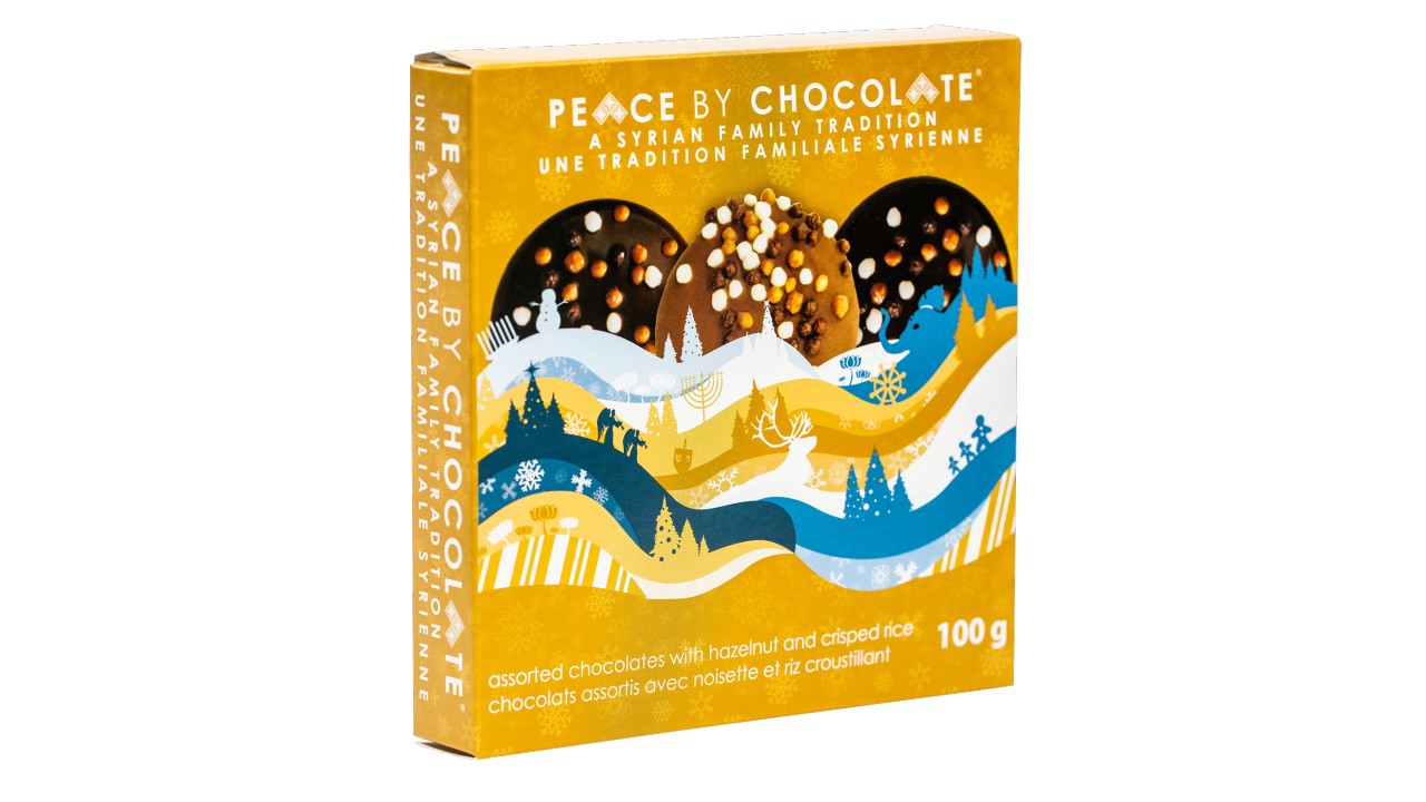 box of holiday-themed chocolate