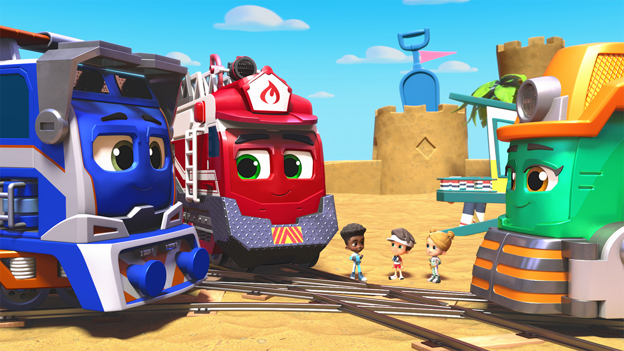 A still from mighty Express showing three animated trains talking to three kids