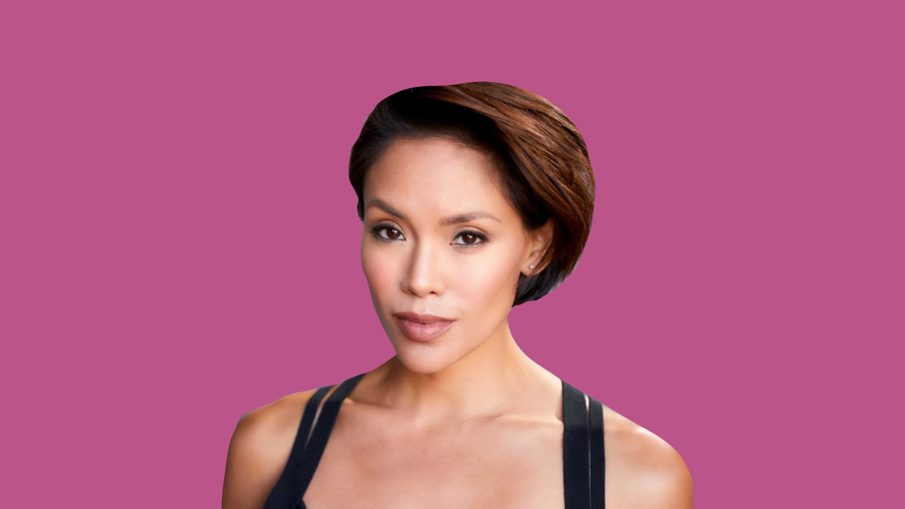 A head shot of Workin' Moms actress Jessalyn Wanlim in front of a pink background