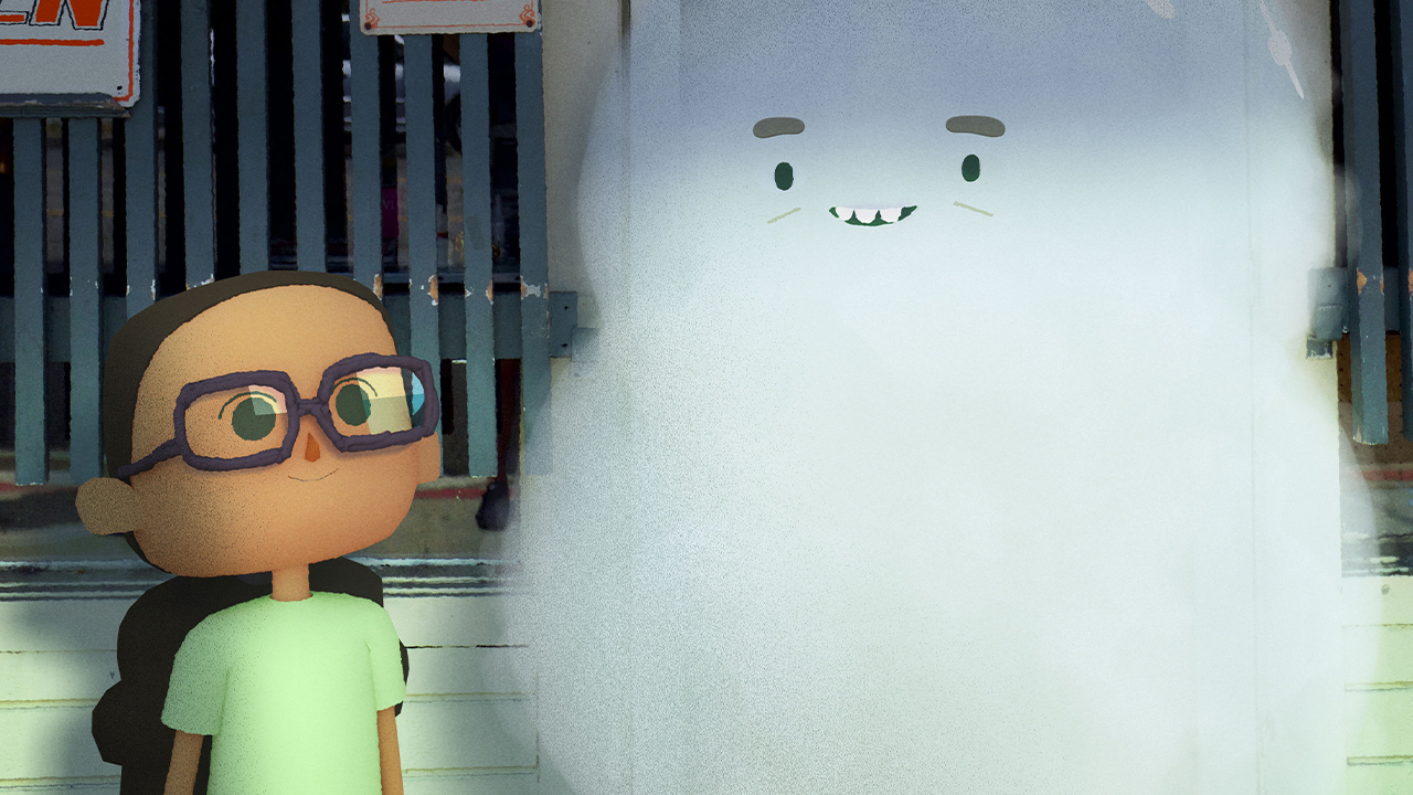 Still from the show City of Ghosts showing an animated kid standing next to a ghostly figure who is smiling