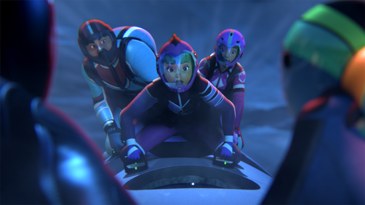 Still from Fast and the Furious Spy Racers showing three Racers prepping for a fight