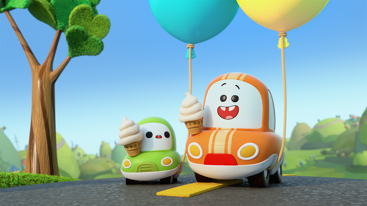 Still from Go! Go! Cory Carson showing two cars holding ice cream cones and balloons