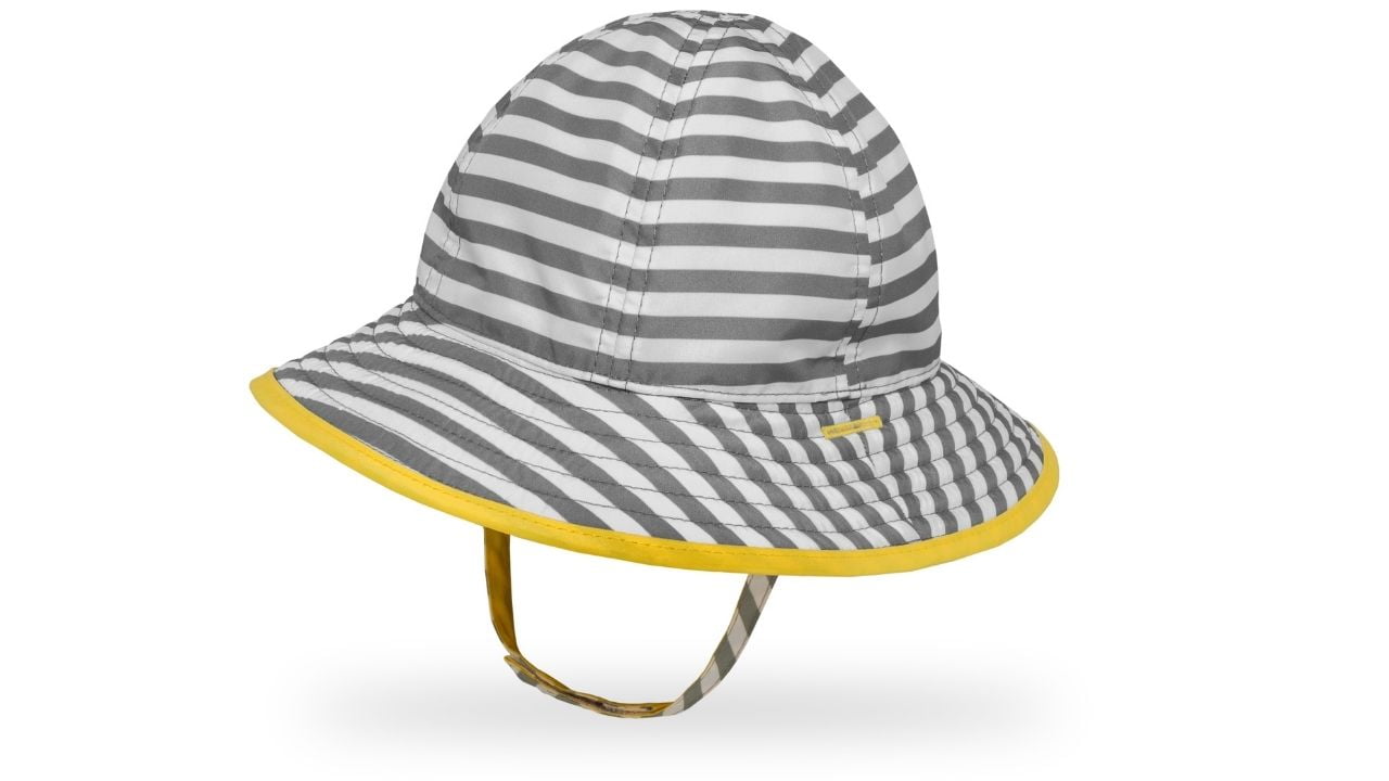 grey and white striped bucket hat with yellow trim