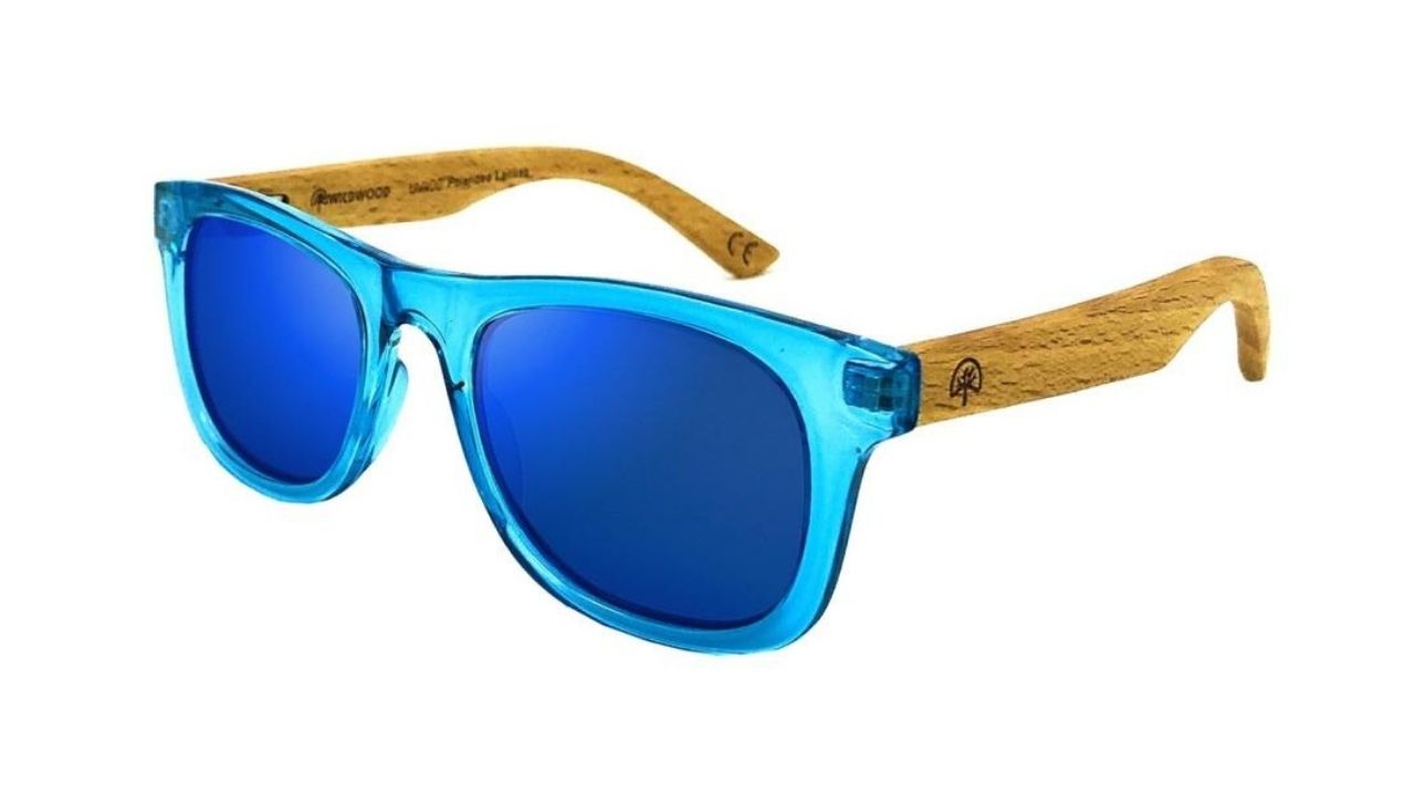 blue kids sunglasses with wood arms