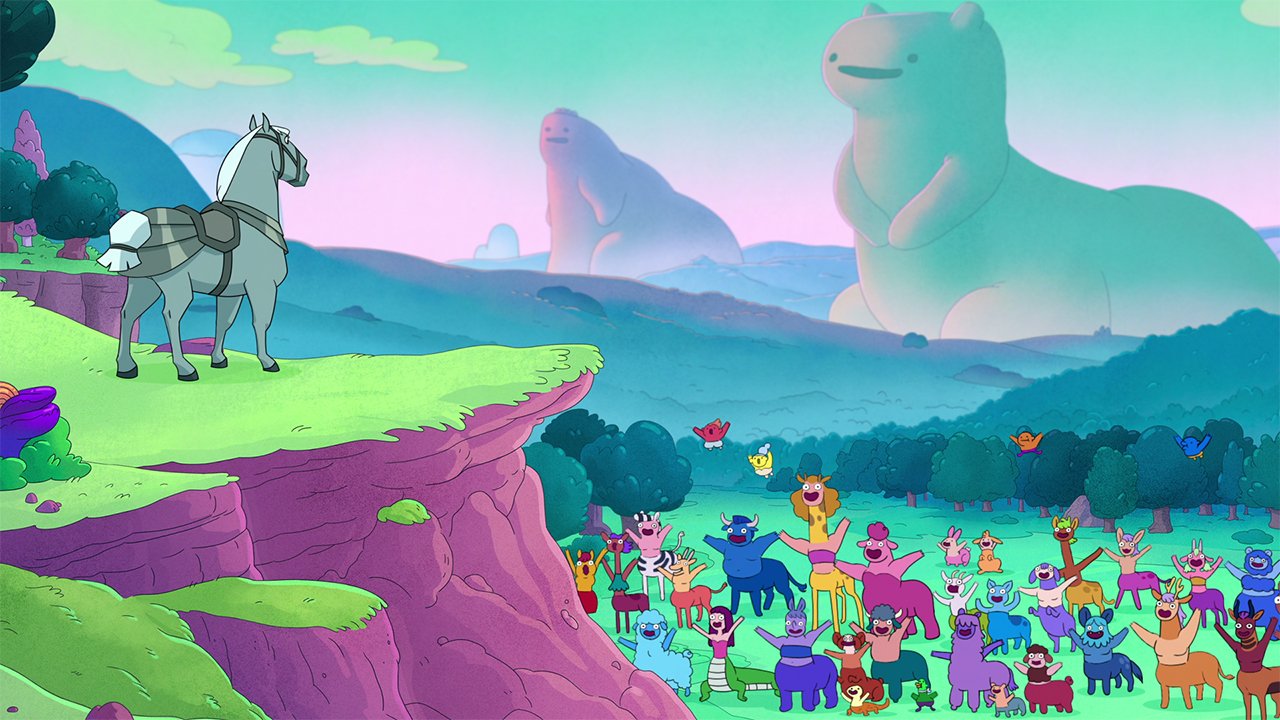 A still from Centaurworld showing a horse standing on a cliff looking over a crowd of various centaurs