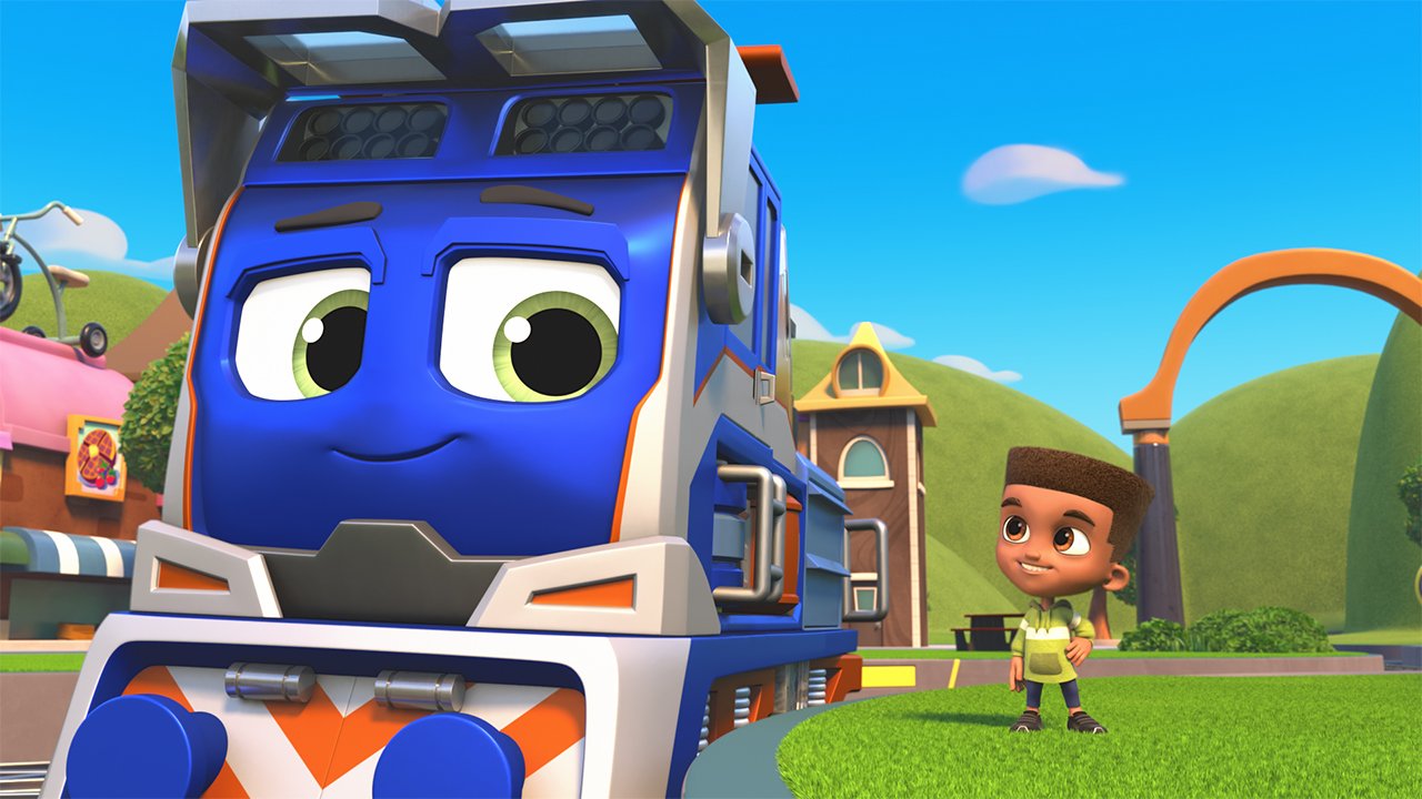 A computer animated still from Mighty Express showing a train talking to a kid