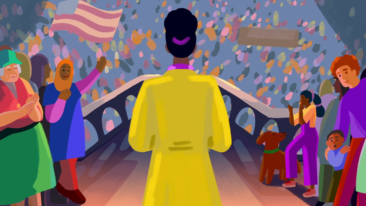 Illustrated still from We The People showing a woman in a yellow coat speaking to a crowd
