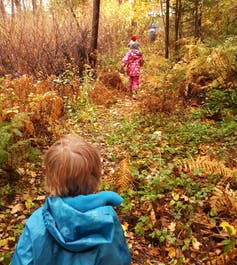 Young children in a colourful autumn leafy forest seen walking up a hill.