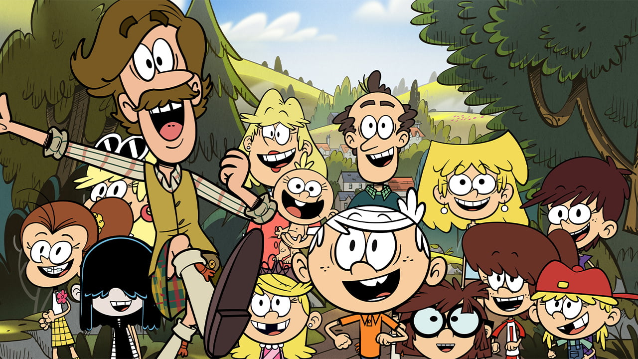 Still from the Loud House showing a big family looking happy to welcome someone