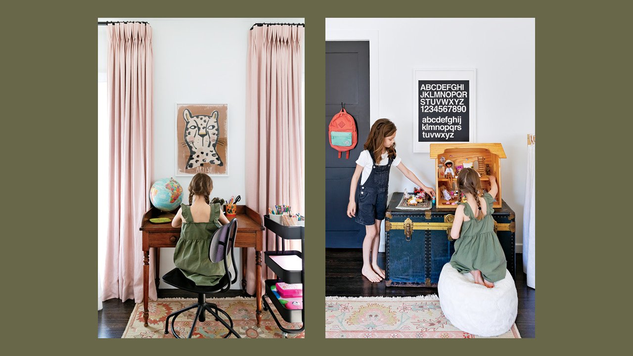 A side by side of young girls in their shared bedroom working at a desk and playing with toys